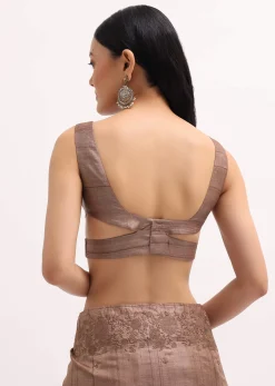 Brown Resham Work Tussar Saree With Unstitched Blouse