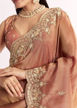 Brown Rust Crush Tissue Saree With Gota Zari And Beads Embroidery