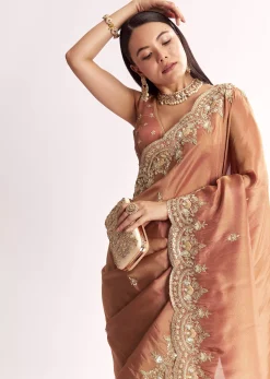 Brown Rust Crush Tissue Saree With Gota Zari And Beads Embroidery