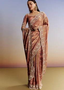 Brown Rust Crush Tissue Saree With Gota And Beads Embroidery