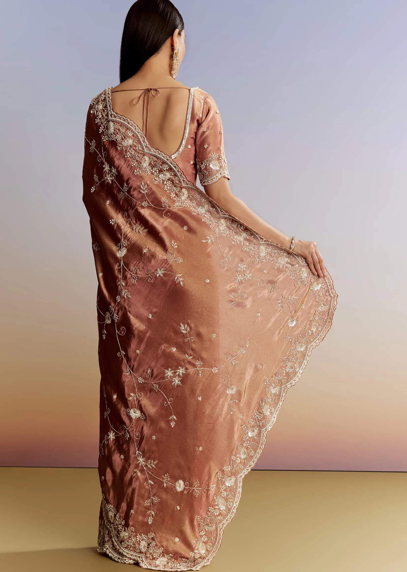 Brown Rust Crush Tissue Saree With Gota And Beads Embroidery