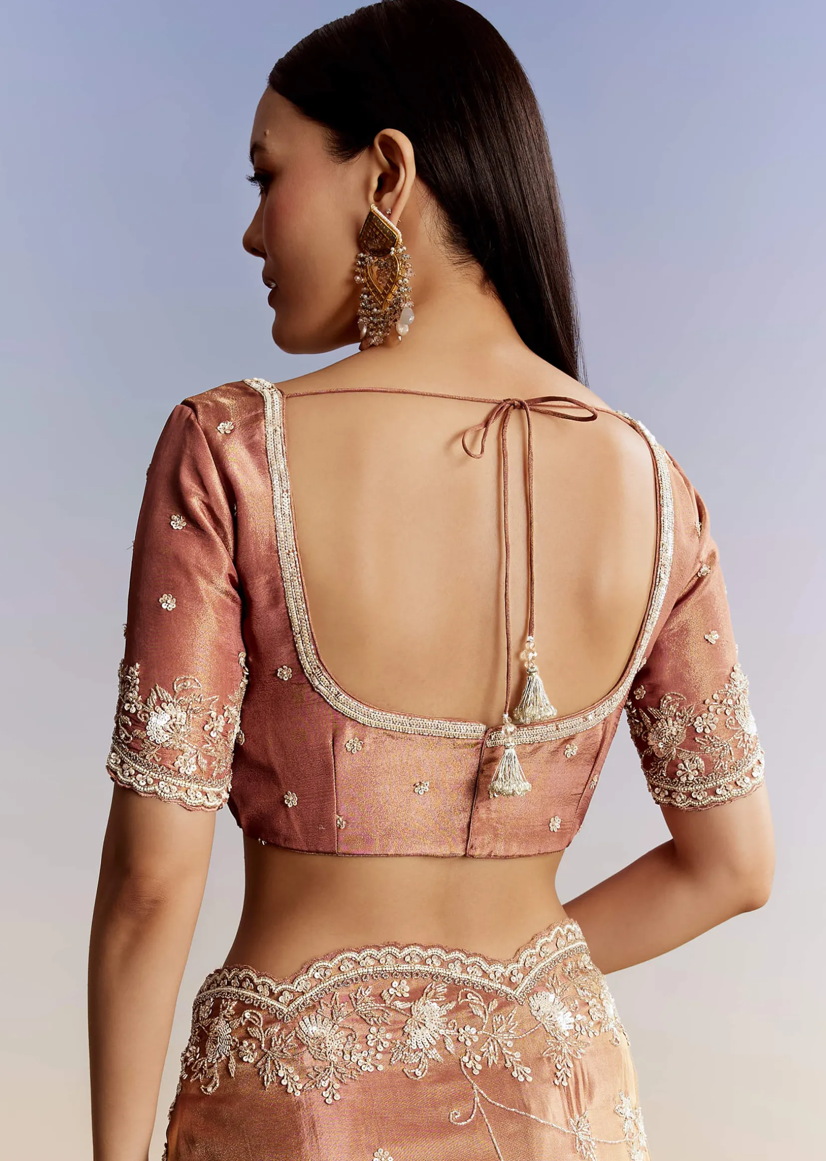 Brown Rust Crush Tissue Saree With Gota And Beads Embroidery