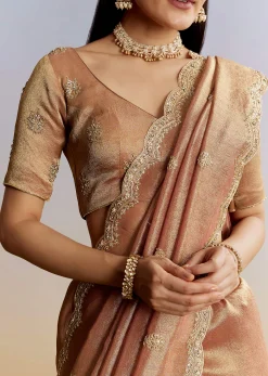 Brown Rust Tissue Saree With Moti Beads And Sequins
