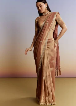 Brown Rust Tissue Saree With Moti Beads And Sequins
