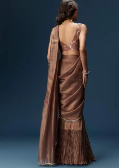 Brown Saree With Banarasi Blouse And Pre Stitched Drape