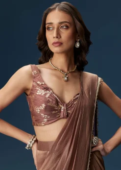Brown Saree With Banarasi Blouse And Pre Stitched Drape