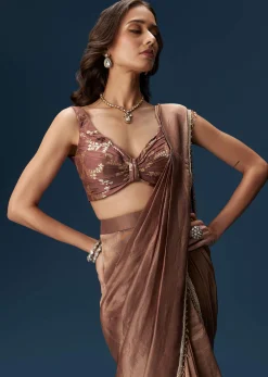Brown Saree With Banarasi Blouse And Pre Stitched Drape