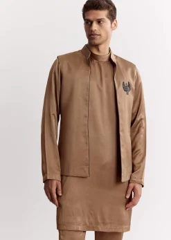 Brown Satin Jacket Kurta Set With Metal Accents