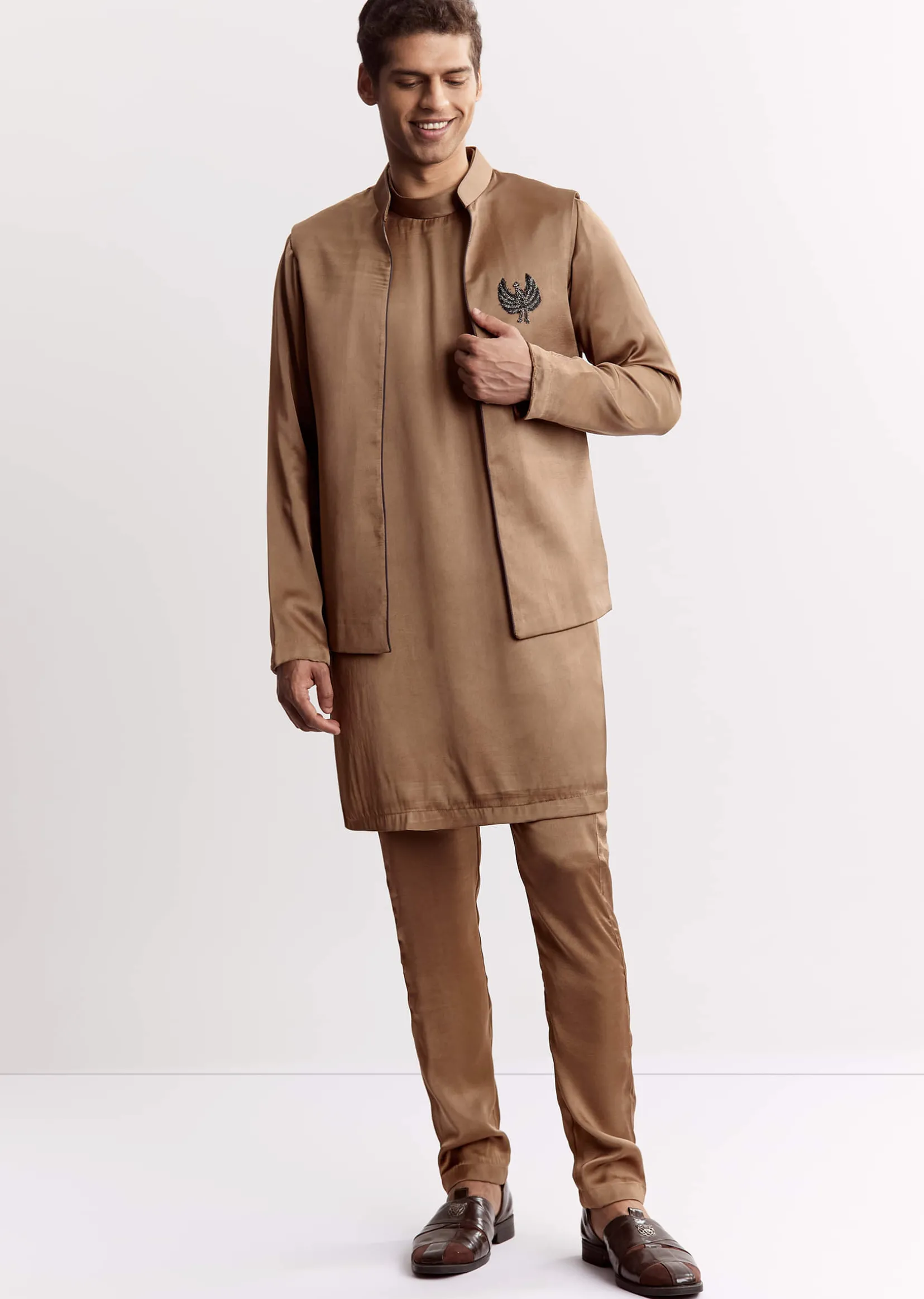 Brown Satin Jacket Kurta Set With Metal Accents