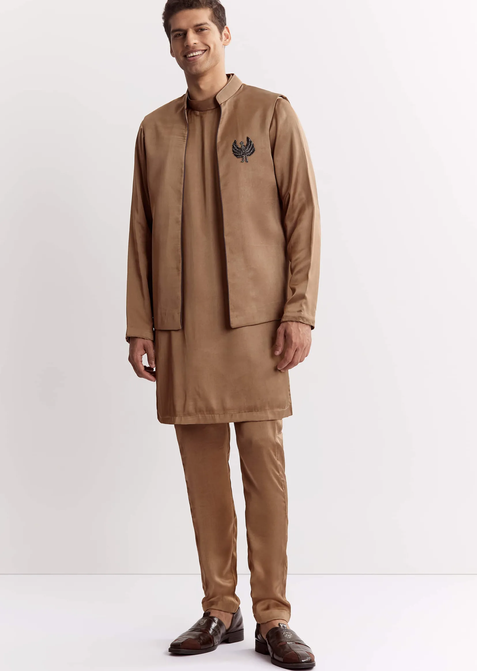 Brown Satin Jacket Kurta Set With Metal Accents
