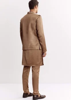 Brown Satin Jacket Kurta Set With Metal Accents