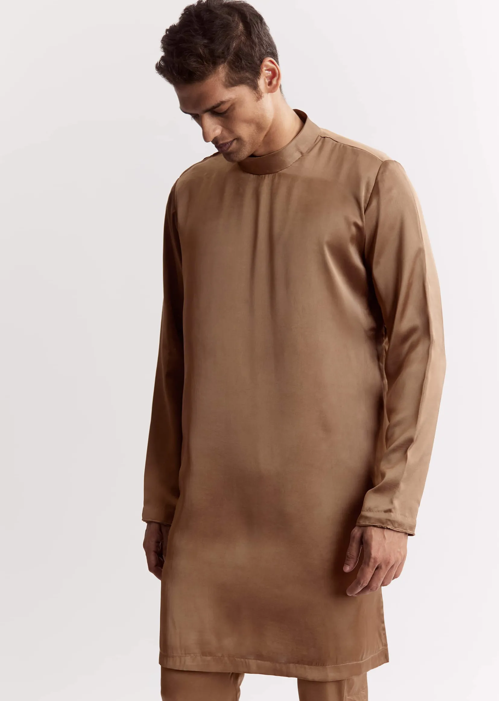 Brown Satin Jacket Kurta Set With Metal Accents
