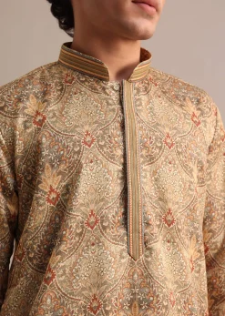 Brown Satin Printed Kurta Set For Men