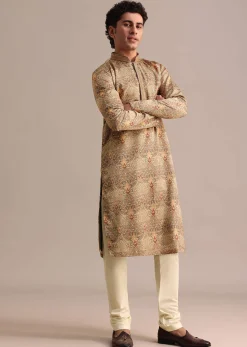 Brown Satin Printed Kurta Set For Men