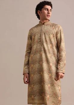 Brown Satin Printed Kurta Set For Men