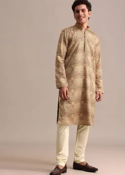 Brown Satin Printed Kurta Set For Men