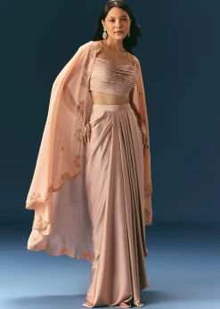 Brown Scallop Embroidered Cape With Bustier And Draped Skirt