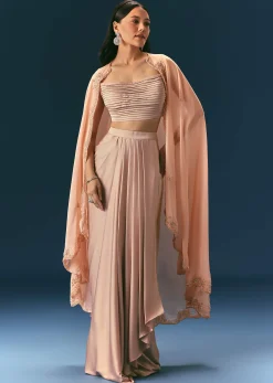 Brown Scallop Embroidered Cape With Bustier And Draped Skirt