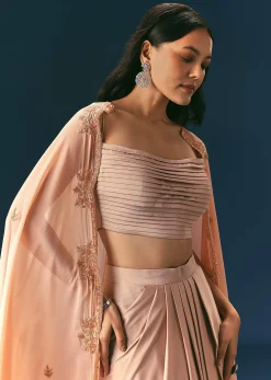 Brown Scallop Embroidered Cape With Bustier And Draped Skirt