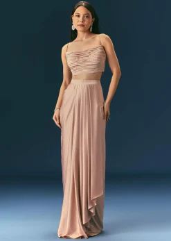 Brown Scallop Embroidered Cape With Bustier And Draped Skirt