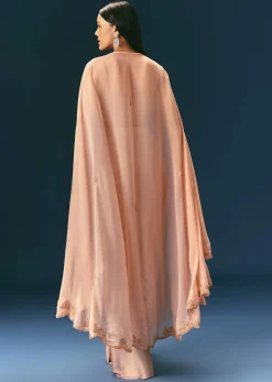 Brown Scallop Embroidered Cape With Bustier And Draped Skirt