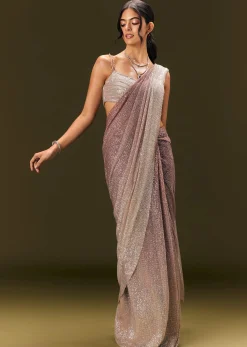 Brown Sequin Ready Pleated Saree With Stone Work