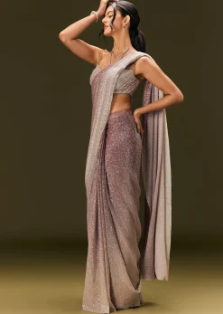 Brown Sequin Ready Pleated Saree With Stone Work
