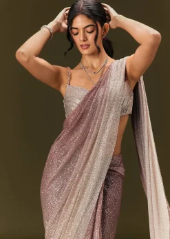 Brown Sequin Ready Pleated Saree With Stone Work