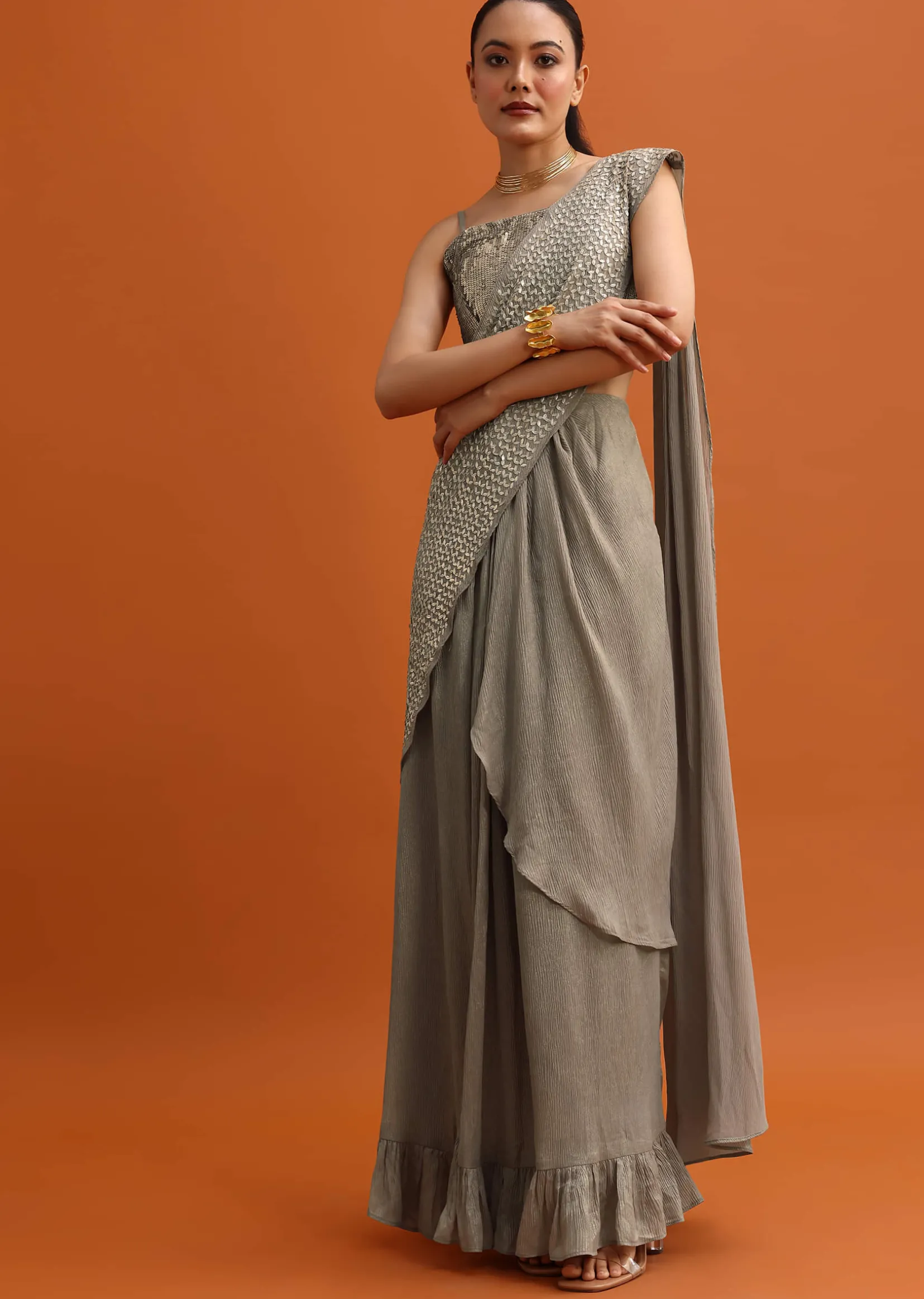 Brown Sequins Ready Pleated Saree