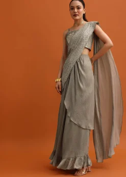 Brown Sequins Ready Pleated Saree