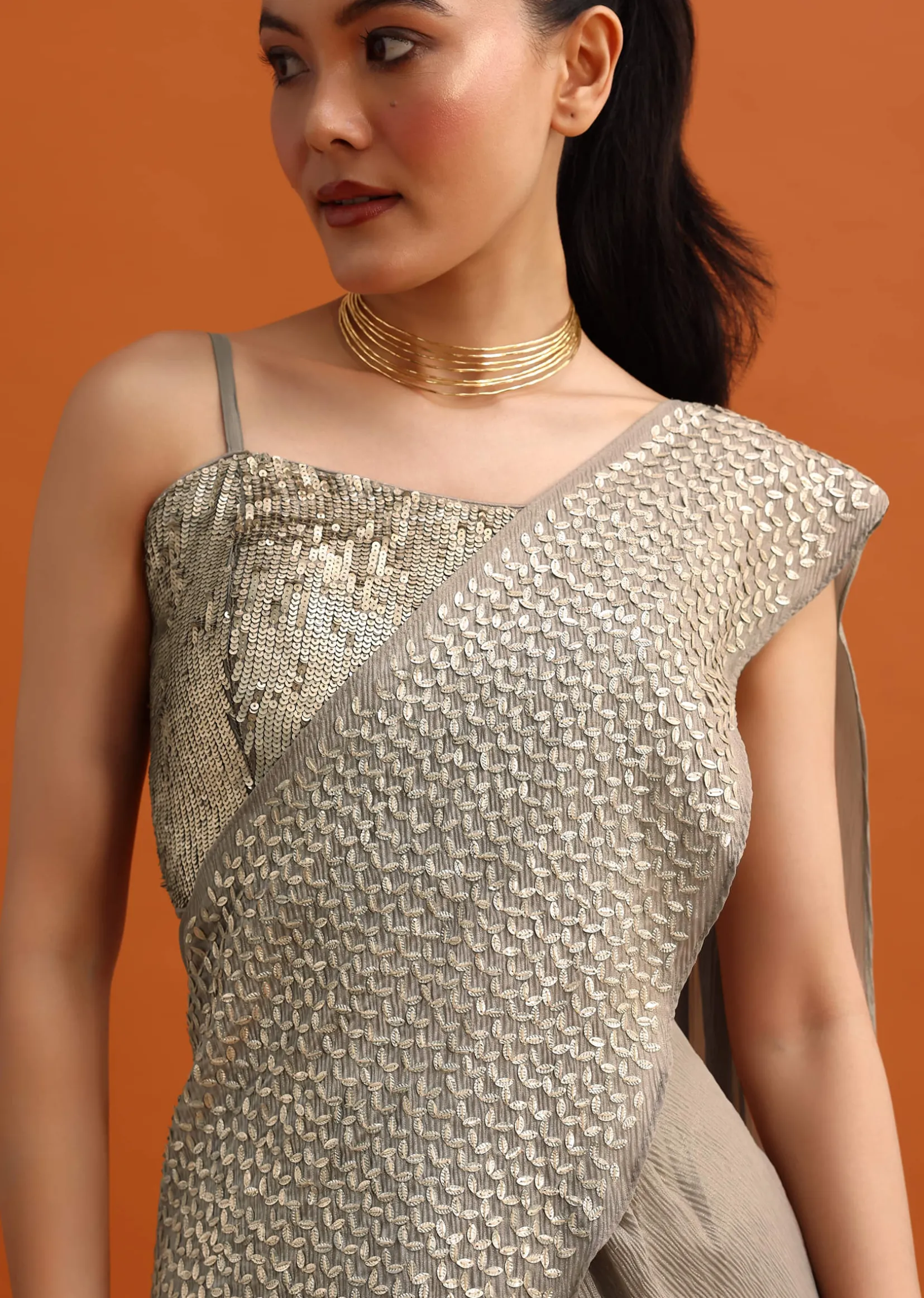 Brown Sequins Ready Pleated Saree