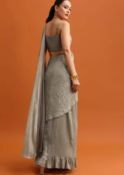 Brown Sequins Ready Pleated Saree