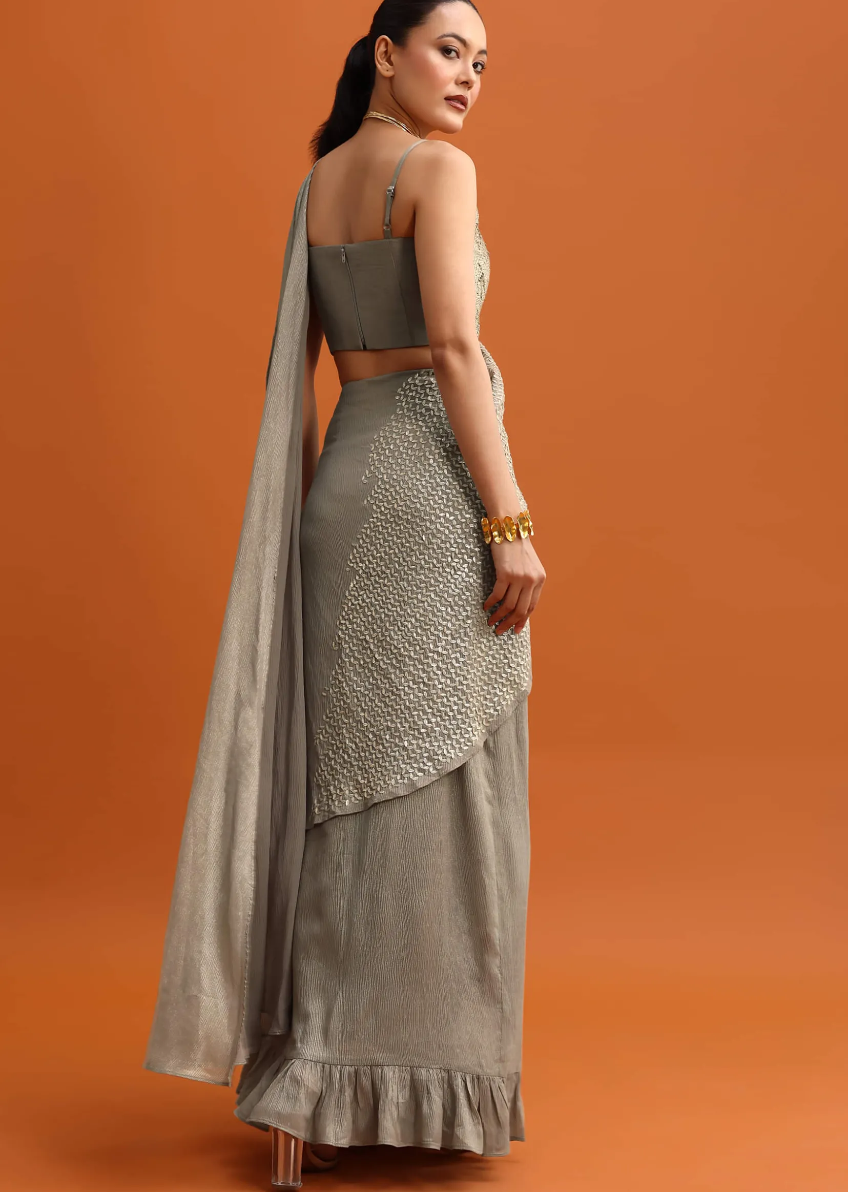 Brown Sequins Ready Pleated Saree