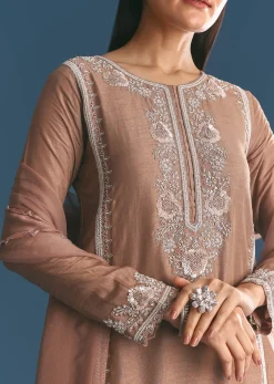 Brown Silk Sequin Cutdana Kurta Sharara With Dupatta