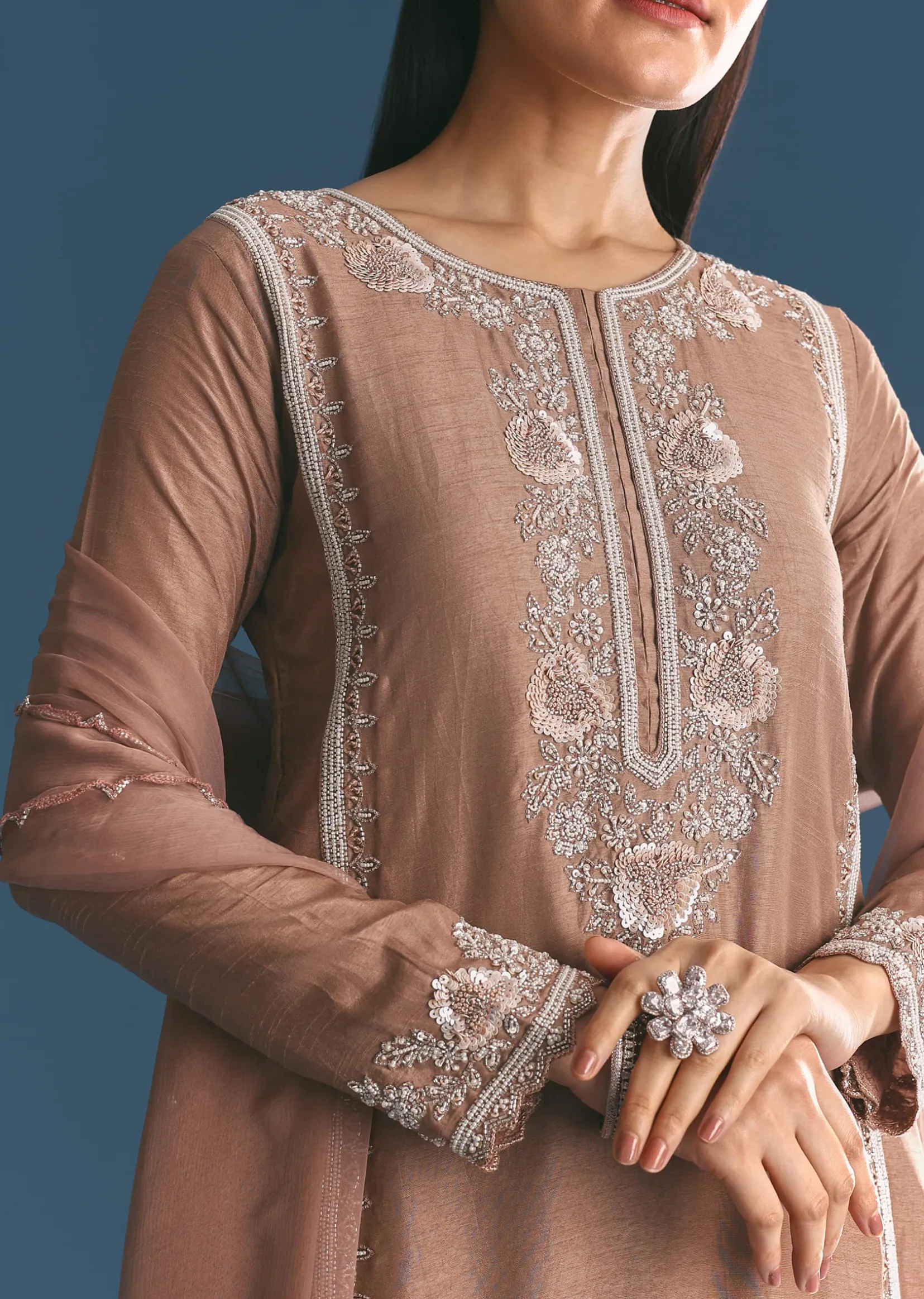 Brown Silk Sequin Cutdana Kurta Sharara With Dupatta