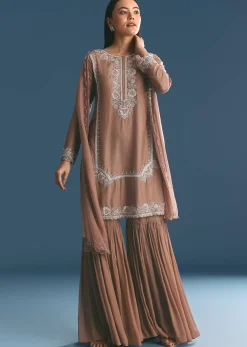 Brown Silk Sequin Cutdana Kurta Sharara With Dupatta