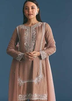 Brown Silk Sequin Cutdana Kurta Sharara With Dupatta