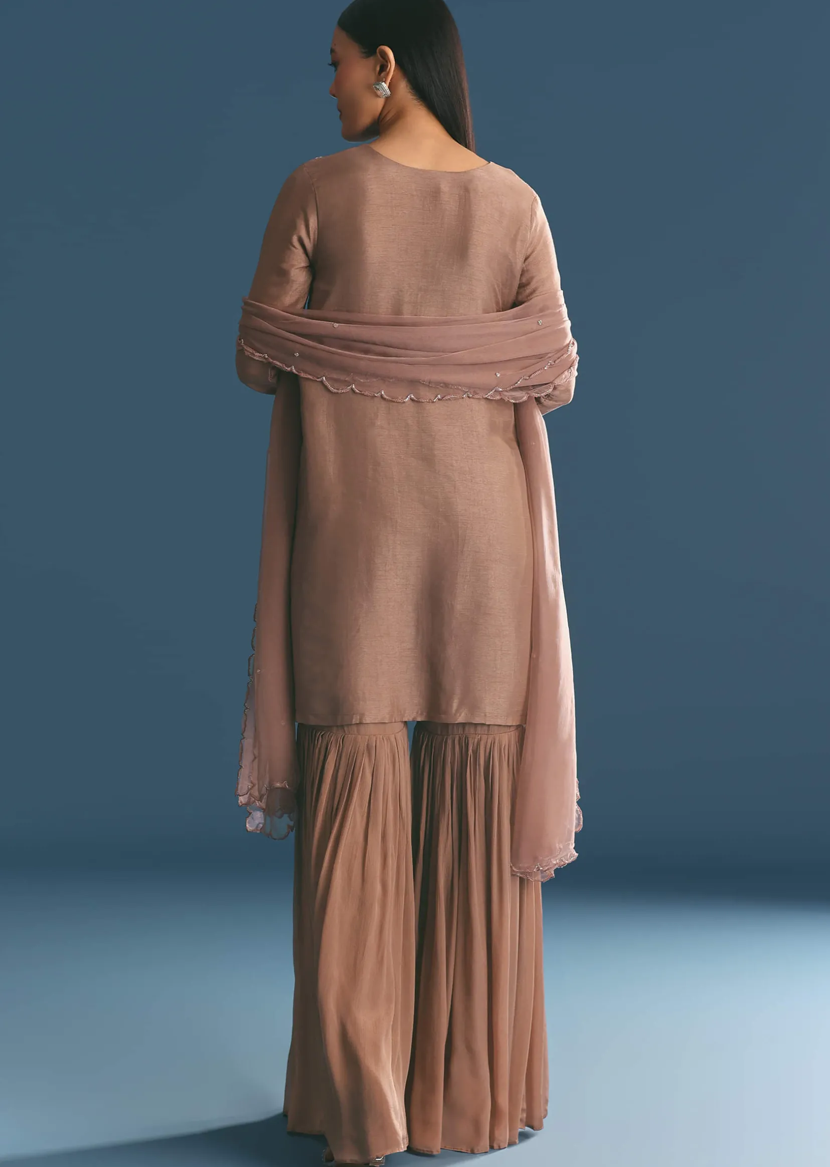 Brown Silk Sequin Cutdana Kurta Sharara With Dupatta
