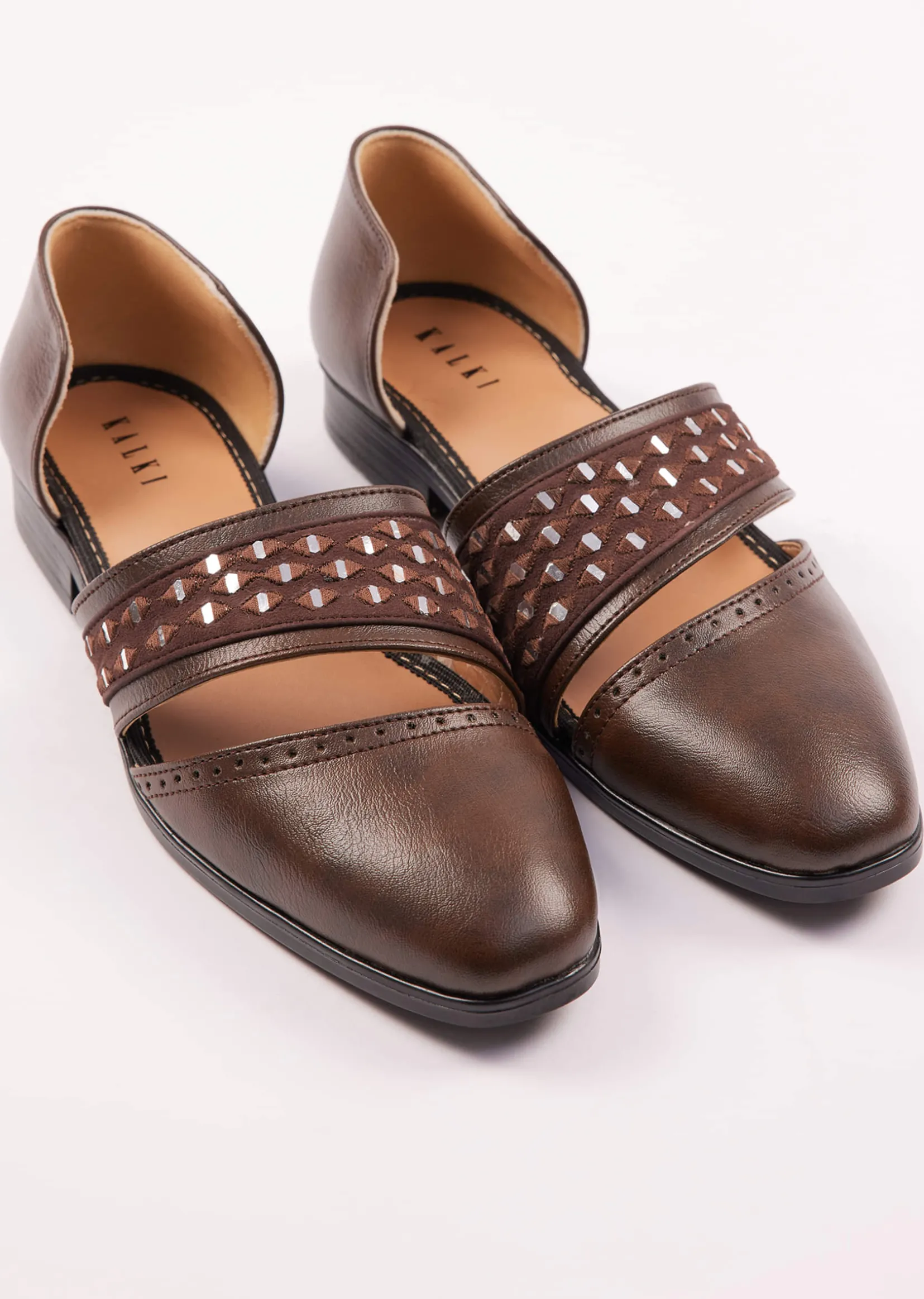 Brown Suede Juttis With Mirror Work