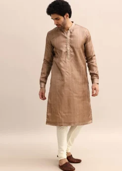 Brown Tussar Silk Plain Kurta Pyjama For Men