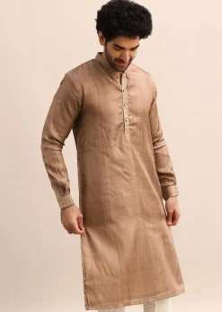 Brown Tussar Silk Plain Kurta Pyjama For Men