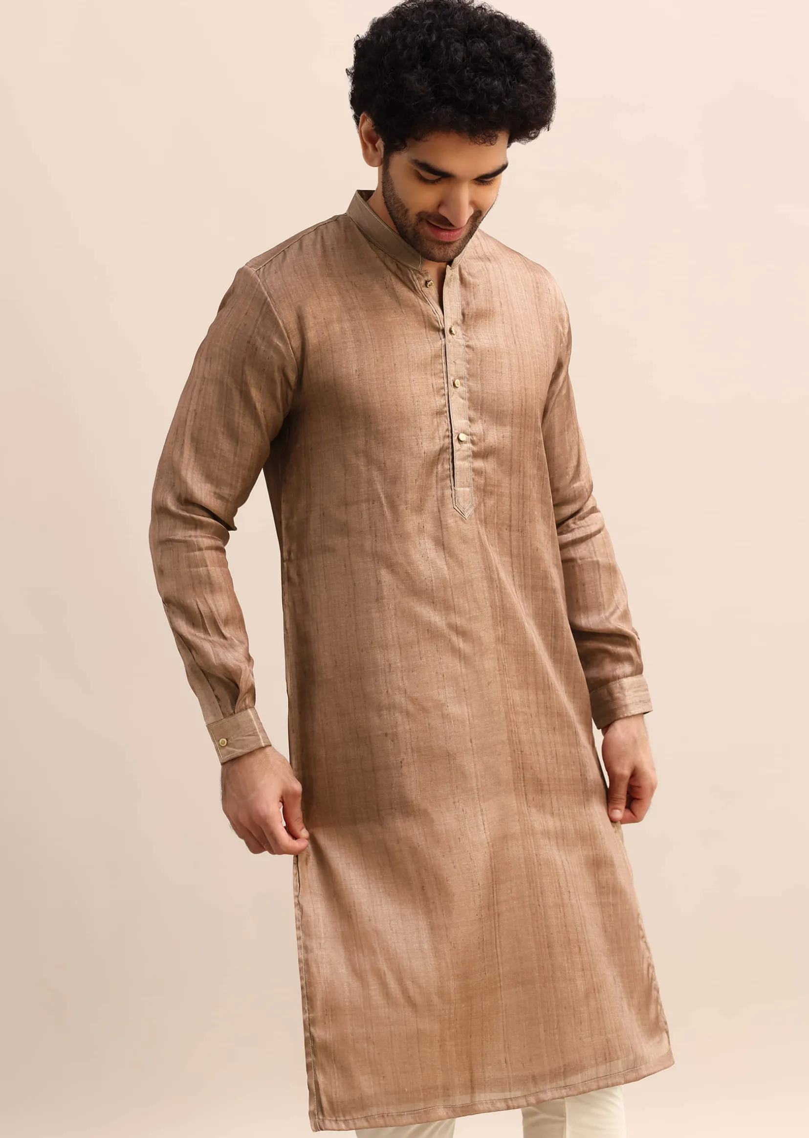 Brown Tussar Silk Plain Kurta Pyjama For Men