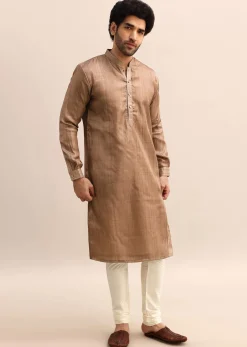 Brown Tussar Silk Plain Kurta Pyjama For Men