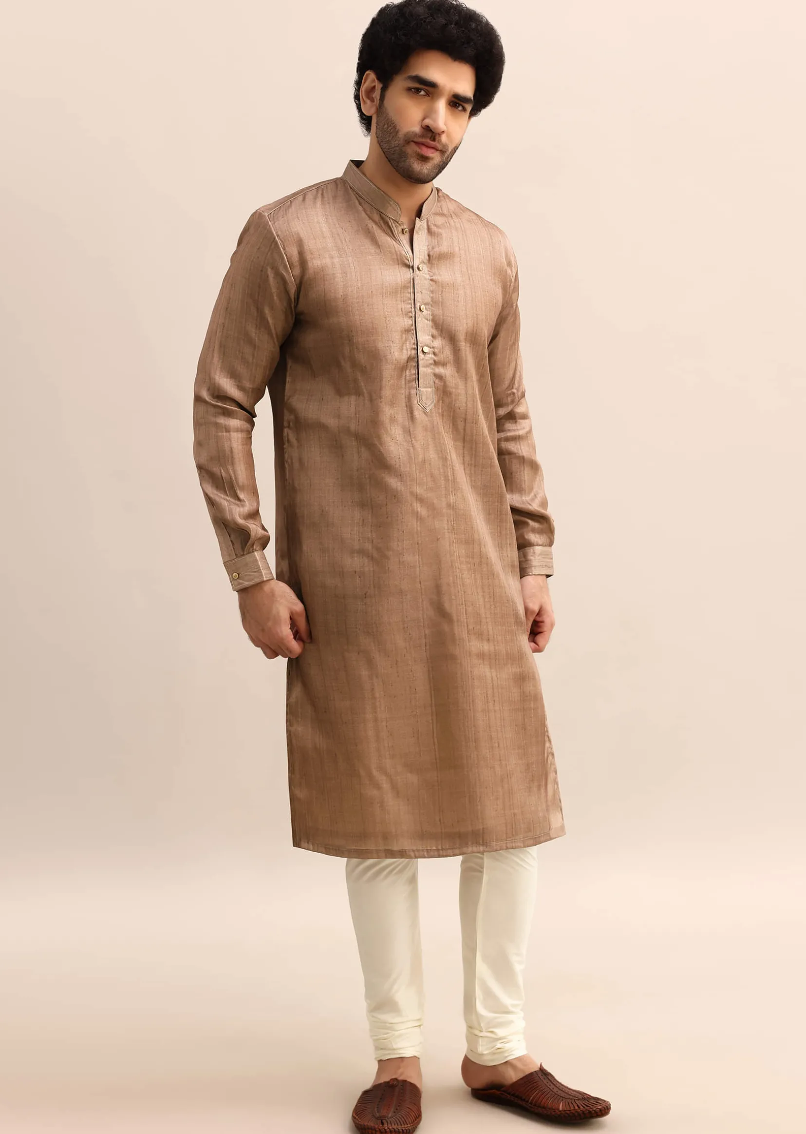 Brown Tussar Silk Plain Kurta Pyjama For Men