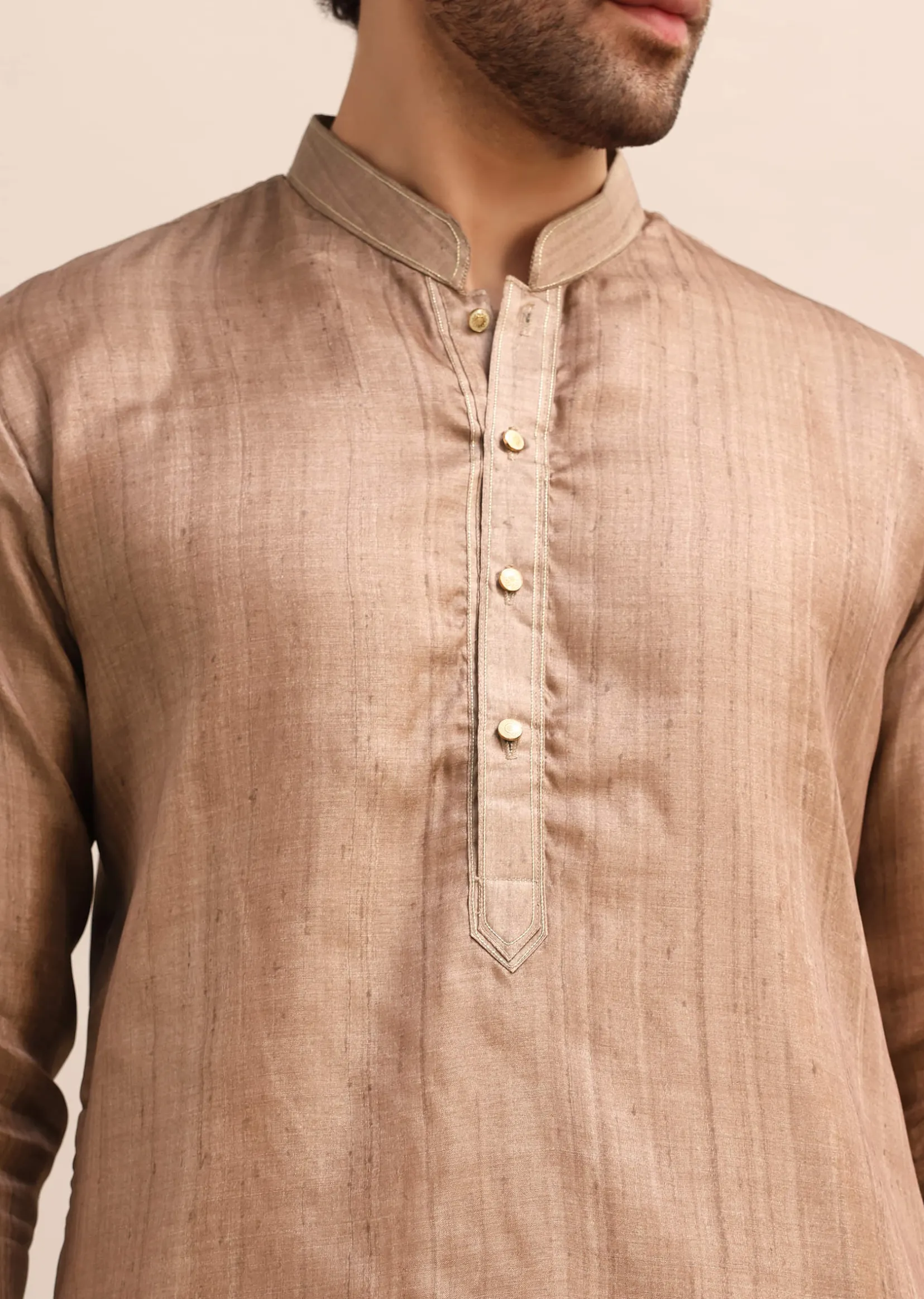 Brown Tussar Silk Plain Kurta Pyjama For Men