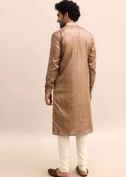 Brown Tussar Silk Plain Kurta Pyjama For Men