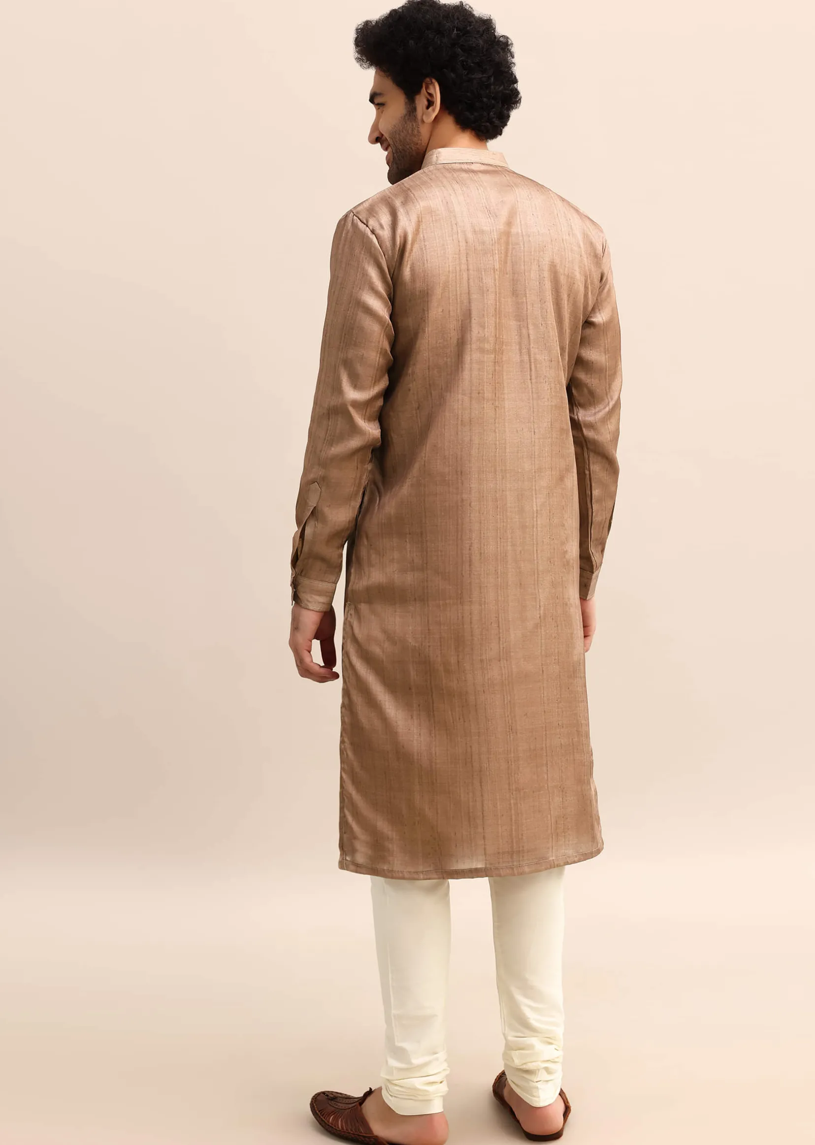 Brown Tussar Silk Plain Kurta Pyjama For Men
