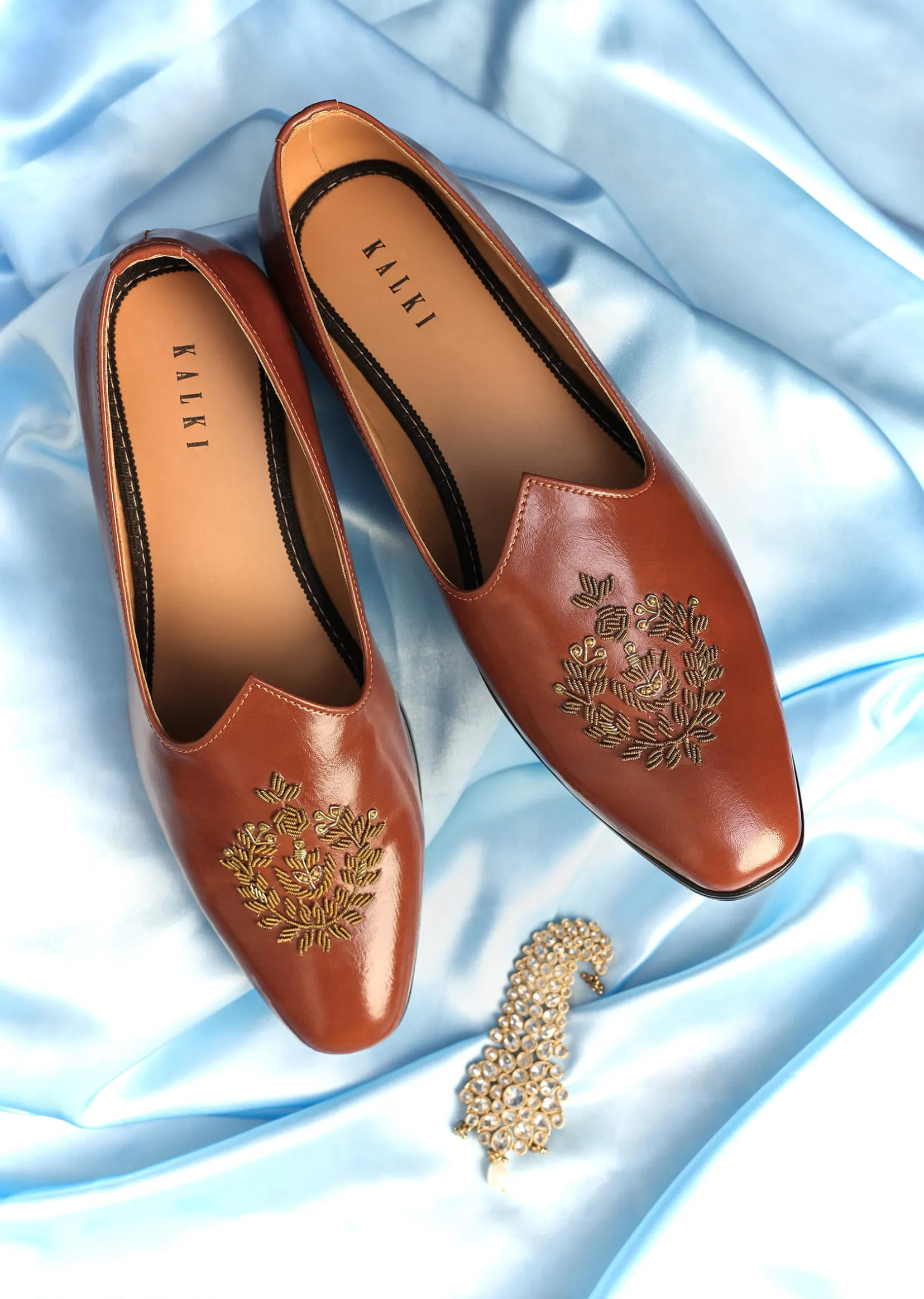 Brown Vegan Leather Jutti With Zardosi Work
