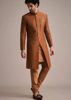 Brown Zari Embroidered Sherwani Suit With Mandarin Collar