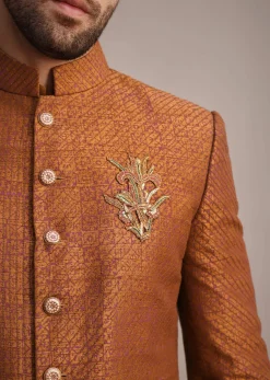 Brown Zari Embroidered Sherwani Suit With Mandarin Collar